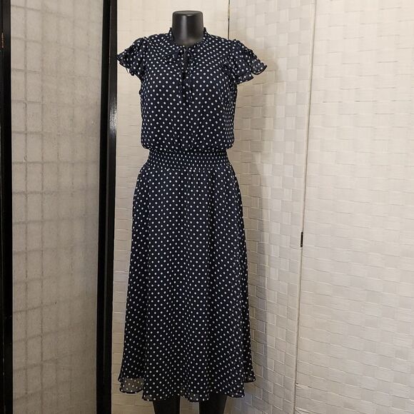 BRAND NEW MSK POLKA-DOT MIDI FIT &FLARE SCUBA NECK CHIFFON DRESS - Picture 7 of 16